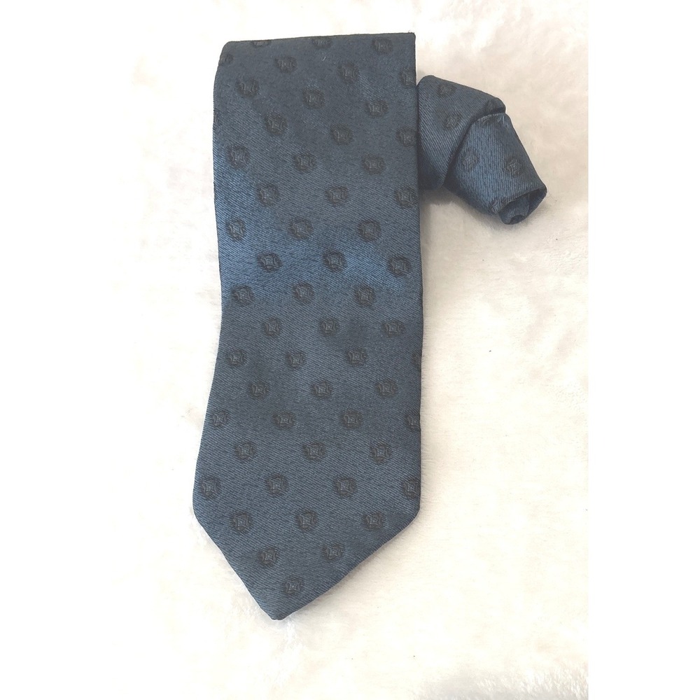 Ermenegildo Zegna Mens Silk Tie Slate Blue Black Geometric Medallion Italy